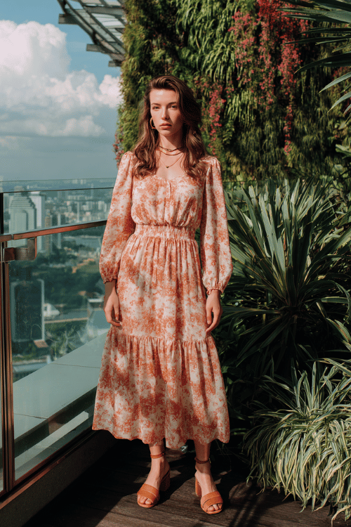 a radiant woman in her 30s wearing a feminine floral printed long-sleeve midi dress in warm peach and cream with a smocked bodice and tiered skirt