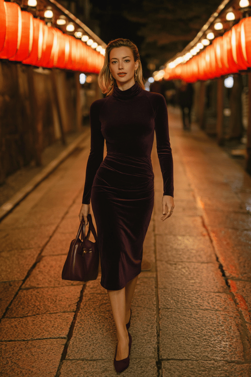 a radiant woman in her 30s wearing a sophisticated long-sleeve midi dress in deep plum velvet with a graceful cowl neckline and subtle side slit at the hem