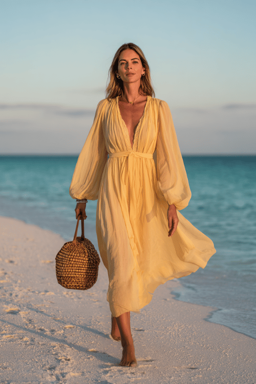 a radiant woman wearing a breezy flowy maxi dress in soft lemon yellow with long bishop sleeves and a modest scoop neckline, paired with tan strappy flat sandals and a woven raffia bag