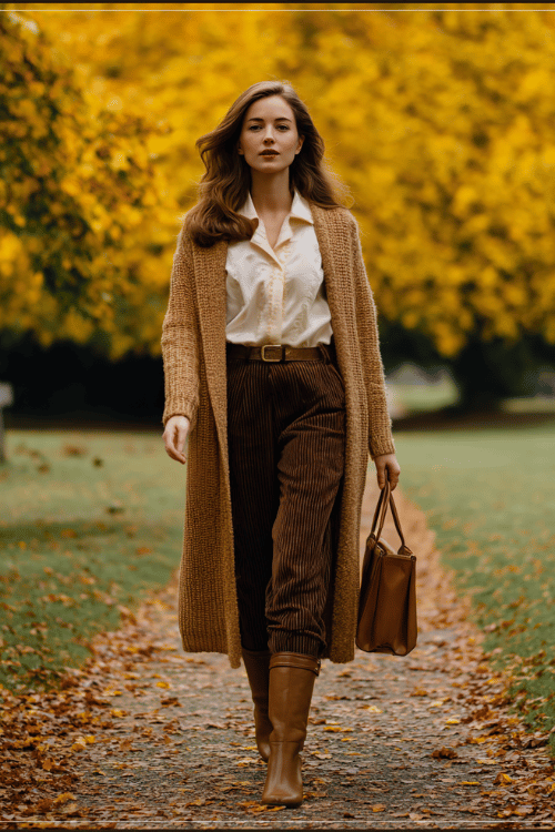 a sophisticated woman in her 30s wearing a luxurious camel cashmere long cardigan coat belted at the waist over a silk ivory blouse and tailored straight-leg trousers