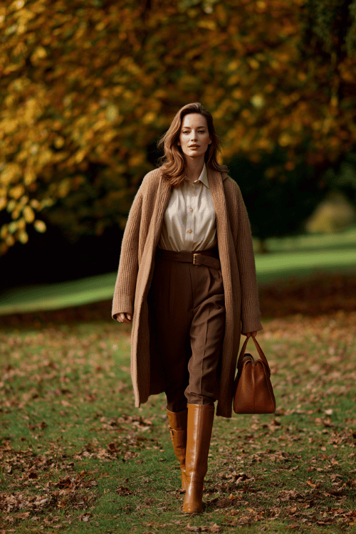 a sophisticated woman in her 30s wearing a luxurious camel cashmere long cardigan coat belted at the waist over a silk ivory blouse and tailored straight-leg trousers in deep chocolate brown