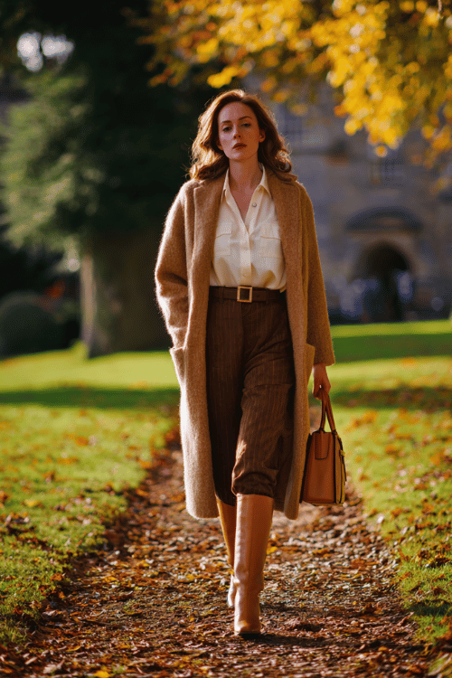 a sophisticated woman in her 30s wearing a luxurious camel cashmere long cardigan coat belted at the waist over a silk ivory blouse and tailored straight-leg trousers