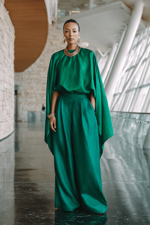 a sophisticated woman in her 40s wearing wide-leg silk palazzo pants in emerald green with a matching long draped cape top, accessorized with gold sculptural jewelry