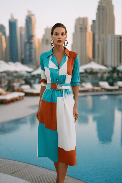 a sophisticated woman wearing a bold geometric color-blocked midi shirt dress in turquoise, white and terracotta with a modest buttoned neckline and elbow sleeves