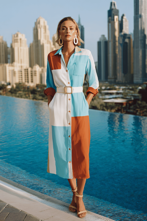 a sophisticated woman wearing a bold geometric color-blocked midi shirt dress in turquoise, white and terracotta with a modest buttoned neckline and elbow sleeves