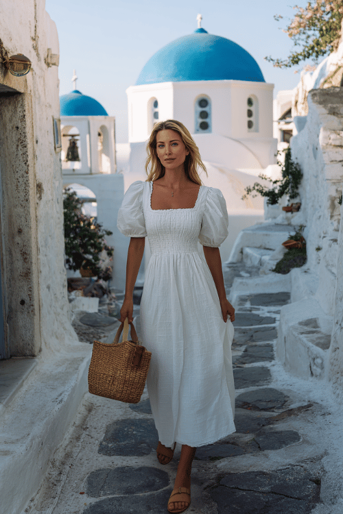 a vibrant woman wearing a modest broderie anglaise white cotton maxi dress with long puff sleeves and a square neckline, paired with tan block heel sandals and a wicker basket bag 