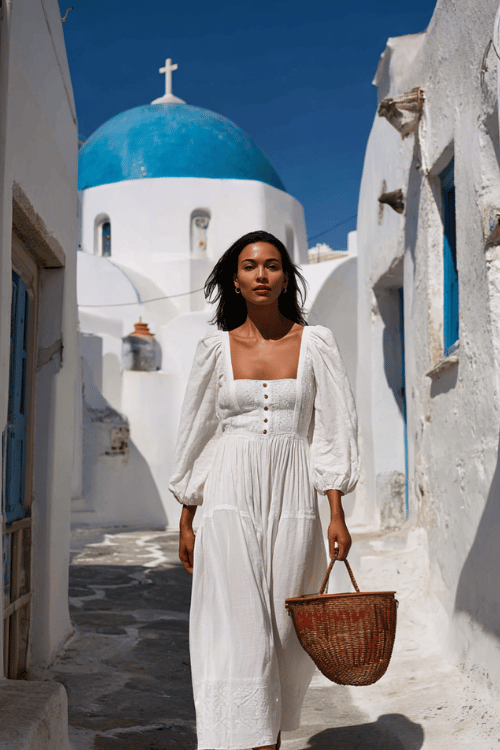 a vibrant woman wearing a modest broderie anglaise white cotton maxi dress with long puff sleeves and a square neckline, paired with tan block heel sandals and a wicker basket bag