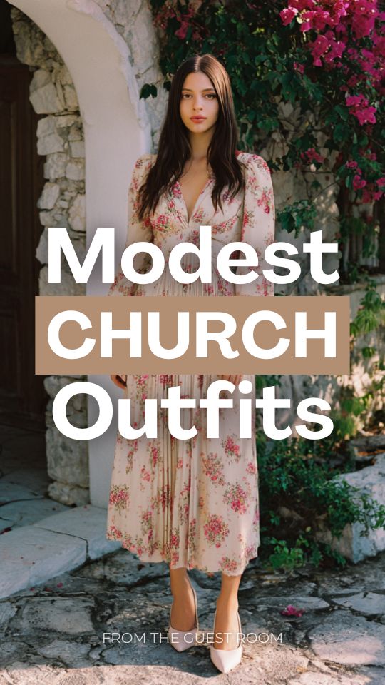 a woman in a modest church outfit with a floral midi dress with long sheer sleeves, a pleated skirt, and pointed heels