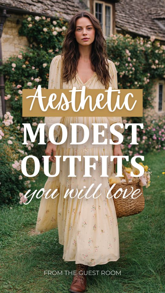 a woman in an aesthetic modest outfit with a soft cream floral maxi dress styled with lace-up boots and a woven basket bag