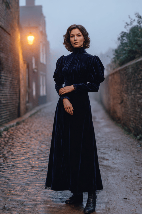 an elegant woman in her 40s wearing a Victorian-inspired high-neck velvet dress in midnight blue with puff sleeves and a floor-length hem, paired with lace-up heeled boots