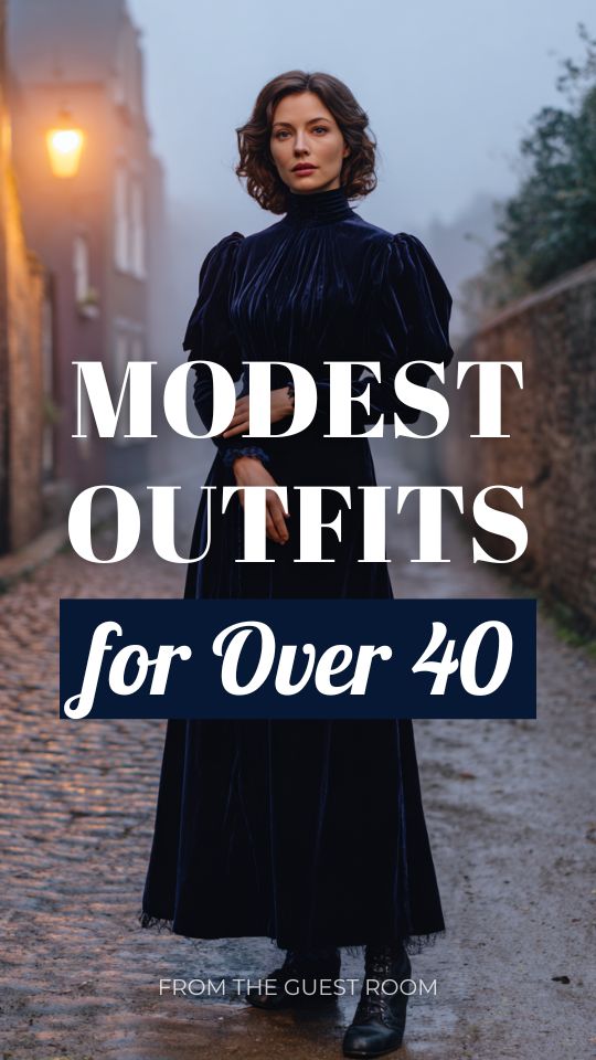 an elegant woman over 40 wearing a modest outfit with a high-neck velvet dress in midnight blue with puff sleeves and a floor-length hem, paired with lace-up heeled boots