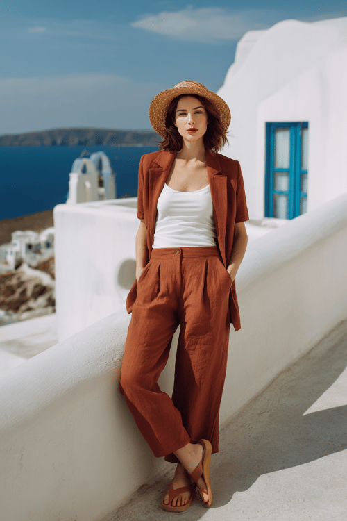 chic woman in her 30s wearing a relaxed yet polished linen co-ord set wide-leg trousers and a longline button-up blazer in warm terracotta layered over a simple white fitted tank