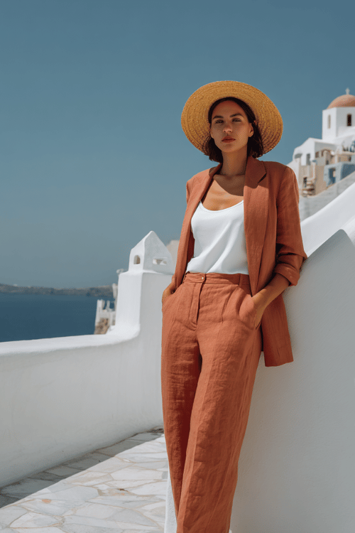 chic woman in her 30s wearing a relaxed yet polished linen co-ord set wide-leg trousers and a longline button-up blazer in warm terracotta layered over a simple white fitted tank