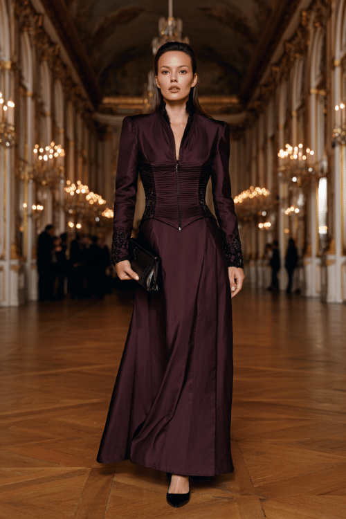 of a striking woman wearing a breathtaking long-sleeve floor-length gown in deep royal burgundy with a structured corseted bodice