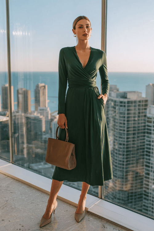woman in her 30s wearing a sophisticated long-sleeve wrap midi dress in rich forest green with a tasteful V-neckline and flowing skirt, paired with pointed-toe nuetral heels
