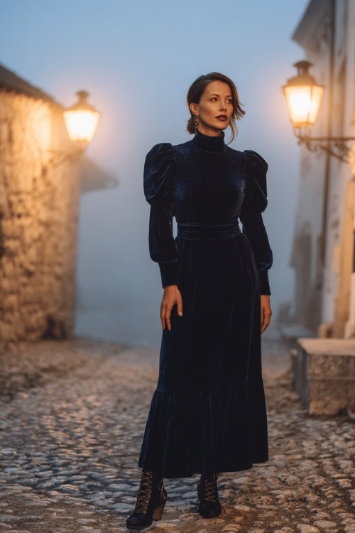woman in her 40s wearing a Victorian-inspired high-neck velvet dress in midnight blue with puff sleeves and a floor-length hem