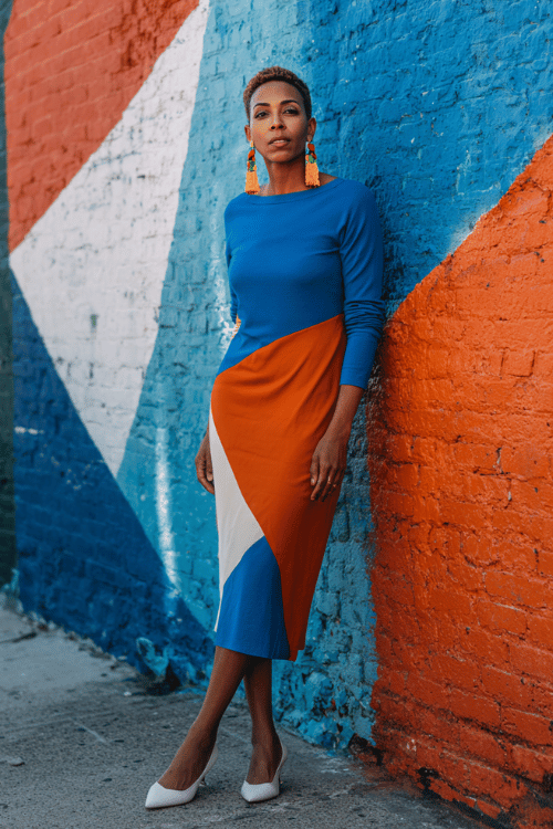 woman in her 40s wearing a color-blocked long-sleeve midi dress in cobalt blue and burnt orange, paired with white kitten heels and oversized geometric earrings