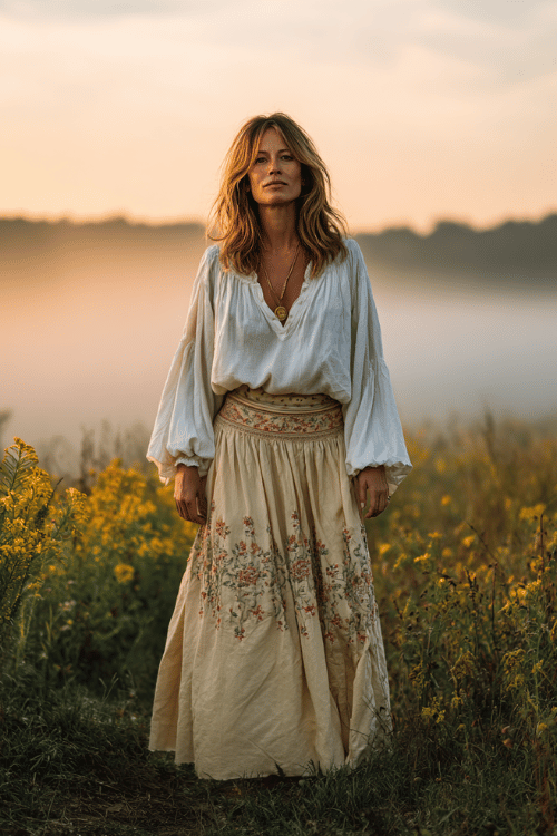 woman in her 40s wearing a hand-embroidered boho-style long linen skirt in cream with intricate floral details, paired with a billowing off-white peasant blouse