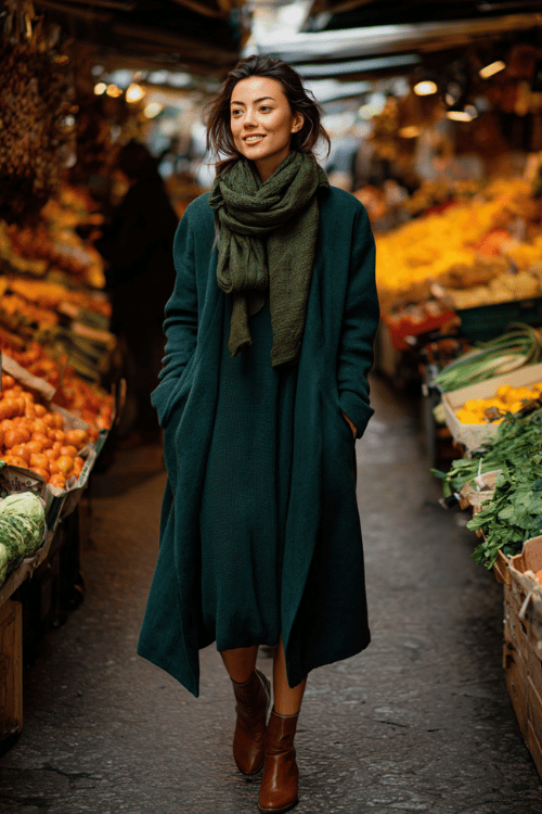 woman in her 40s wearing a modest wrap coat in deep forest green over a knit turtleneck dress and leather ankle boots, scarf loosely draped around the neck