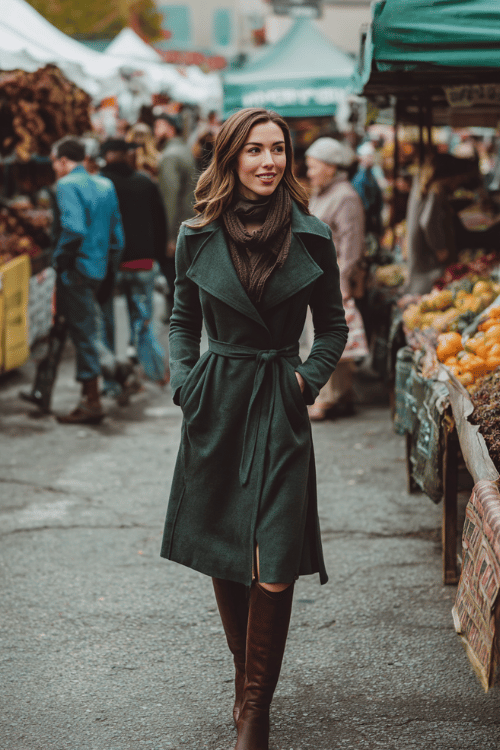 woman in her 40s wearing a modest wrap coat in deep forest green over a knit turtleneck dress and leather ankle boots