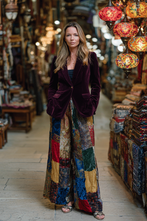 woman in her 40s wearing a rich jewel-toned patchwork long skirt in sapphire, ruby, and gold, paired with a structured deep plum velvet blazer