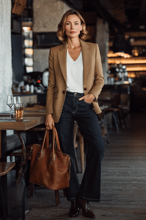 woman in her 40s wearing a tailored blazer in camel tone over a white mock-neck top and straight-leg dark denim jeans, carrying a leather tote bag