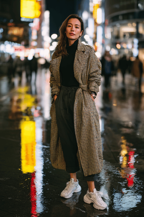 woman in her 40s wearing an oversized houndstooth trench coat belted at the waist over a ribbed black turtleneck and straight cropped trousers