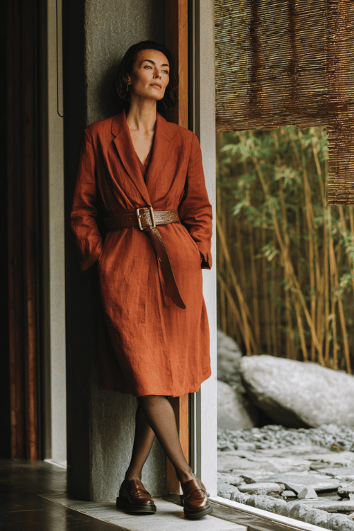 woman in her 40s wearing an oversized rust-colored linen blazer as a dress, belted with a wide cognac leather belt, paired with sheer tights and chunky loafers 