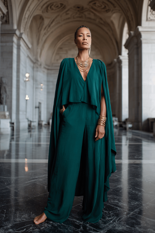 woman in her 40s wearing wide-leg silk palazzo pants in emerald green with a matching long draped cape top, accessorized with gold sculptural jewelry