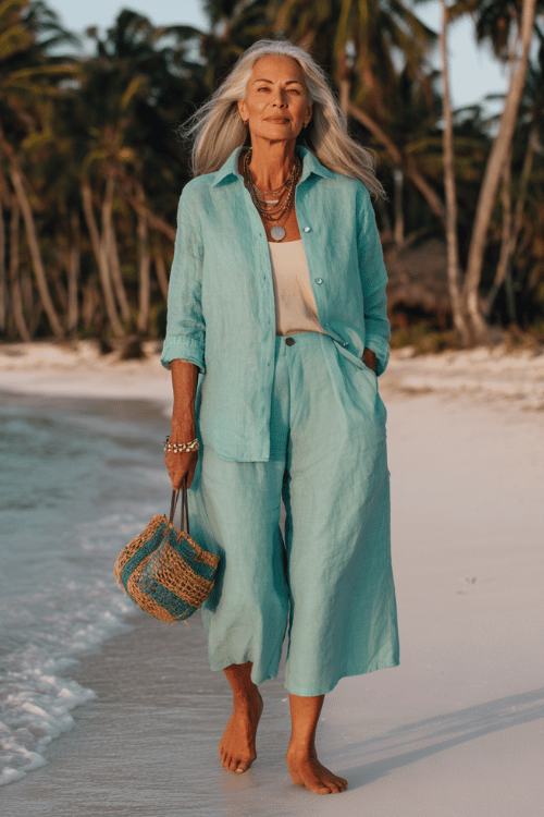 woman in her 50s wearing a beautifully relaxed long-sleeve linen co-ord set in soft ocean turquoise wide flowing culottes and a matching oversized button-up shirt worn open