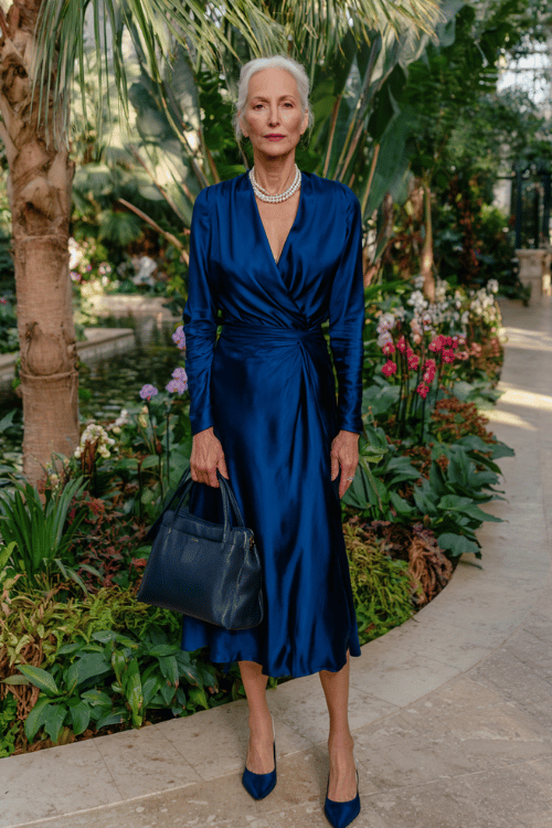 woman in her 50s wearing a beautifully tailored long-sleeve wrap dress in rich sapphire blue silk with a graceful modest neckline and flowing midi-length skirt