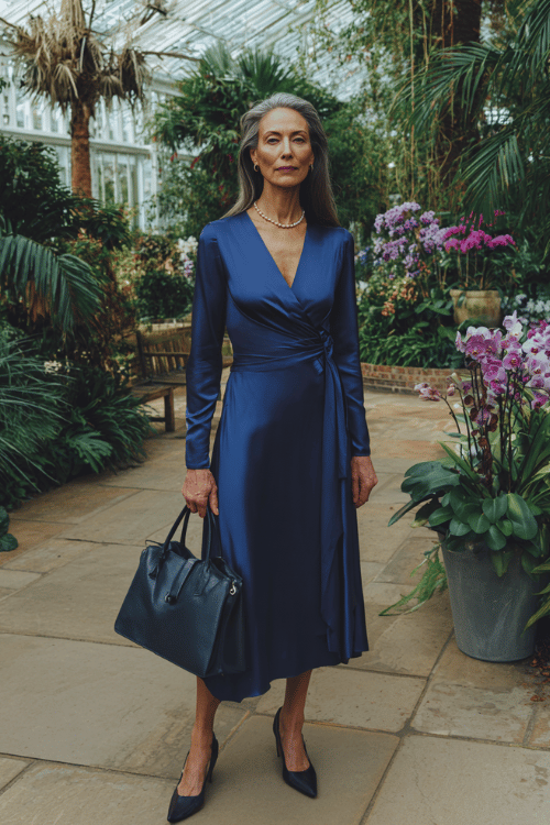woman in her 50s wearing a beautifully tailored long-sleeve wrap dress in rich sapphire blue silk with a graceful modest neckline and flowing midi-length skirt