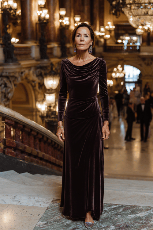 woman in her 50s wearing a breathtaking long-sleeve floor-length gown in deep midnight plum velvet with a graceful cowl neckline, subtle side draping and an elegant modest silhouette