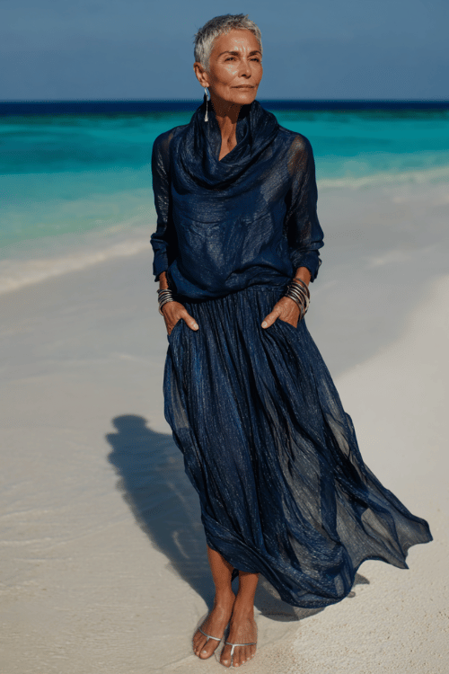 woman in her 50s wearing a breathtaking long-sleeve maxi dress in deep ocean blue with subtle silver thread woven throughout the lightweight fabric