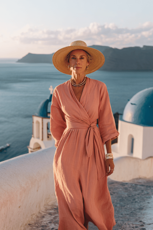 woman in her 50s wearing a breezy long-sleeve linen maxi dress in soft coral with a graceful modest wrap neckline, delicate smocking detail at the waist and a dramatically flowing skirt