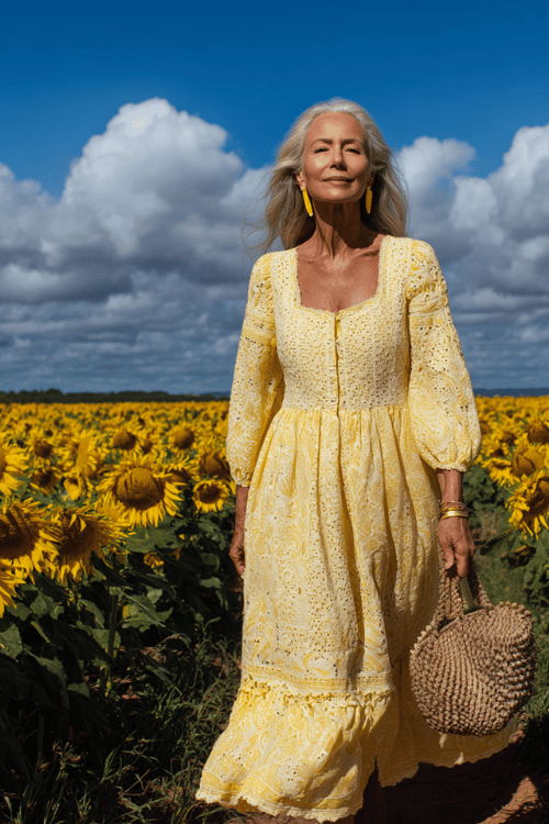 woman in her 50s wearing a charming long-sleeve broderie anglaise midi dress in sunny butter yellow with intricate cutwork floral embroidery throughout