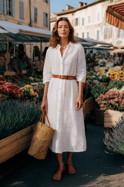 woman in her 50s wearing a chic long-sleeve cotton voile midi dress in classic white with delicate eyelet embroidery throughout and a graceful modest button-up neckline