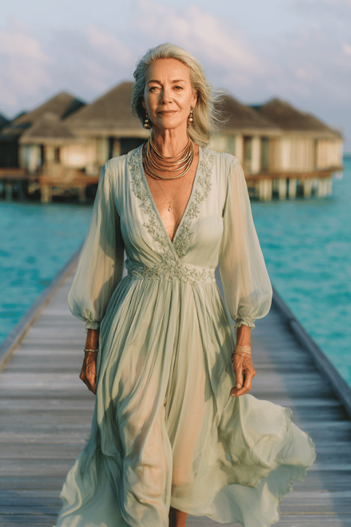 woman in her 50s wearing a dreamy long-sleeve chiffon maxi dress in soft mint green with delicate hand-embroidered floral details along the neckline and flowing hem