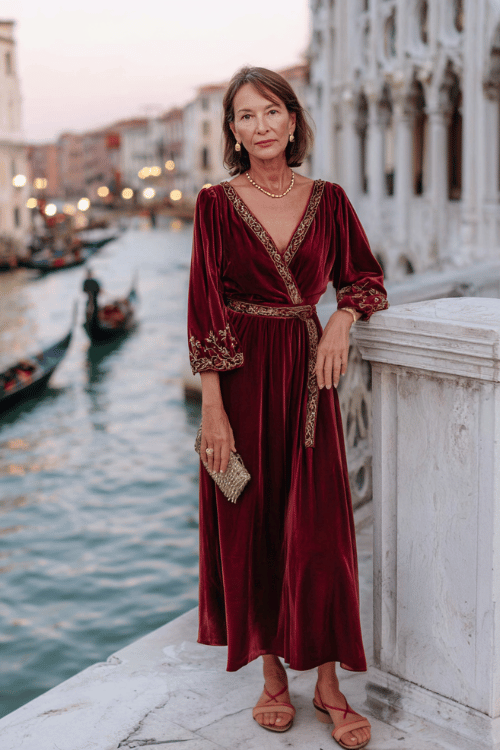 woman in her 50s wearing a dreamy long-sleeve maxi dress in rich burgundy velvet with intricate gold thread embroidery along the cuffs, neckline and flowing hem