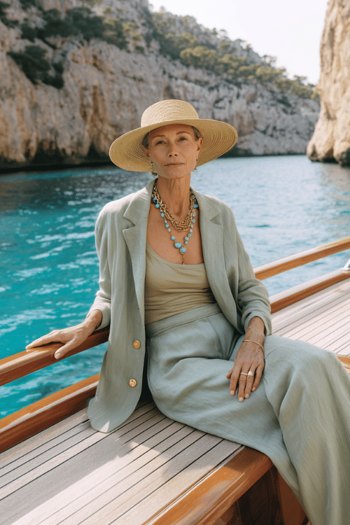 woman in her 50s wearing a refined long-sleeve linen co-ord set in warm sage green wide palazzo trousers and a relaxed longline blazer with subtle gold button detailing