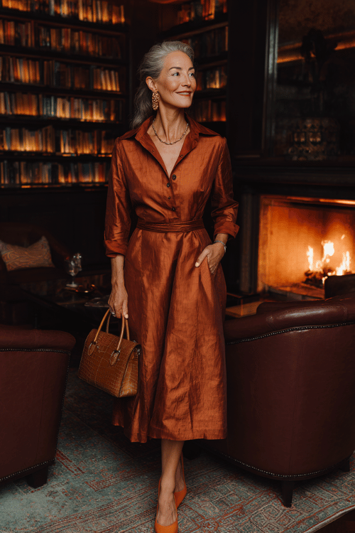 woman in her 50s wearing a refined long-sleeve midi dress in warm burnished copper with subtle jacquard fabric texture, a graceful classic collar neckline and neatly belted waist
