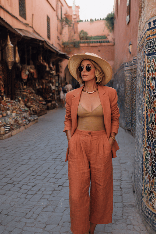 woman in her 50s wearing a relaxed yet polished linen co-ord set in warm terracotta wide palazzo trousers and a longline structured blazer with subtle gold thread detailing