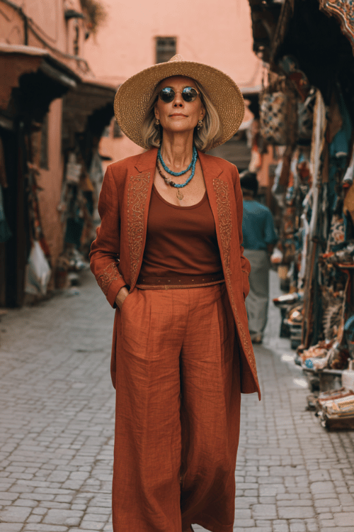 woman in her 50s wearing a relaxed yet polished linen co-ord set in warm terracotta wide palazzo trousers and a longline structured blazer with subtle gold thread detailing