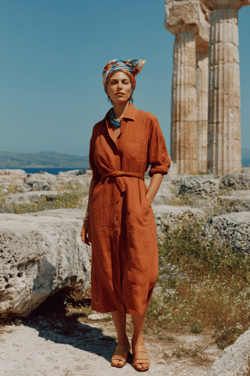 woman in her 50s wearing a relaxed yet sophisticated long-sleeve linen shirt dress in warm terracotta, belted loosely at the waist and rolled casually at the cuffs
