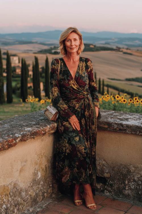 woman in her 50s wearing a romantic long-sleeve floral maxi dress in deep jewel tones of emerald, burgundy and gold on a rich black background with a graceful modest wrap neckline