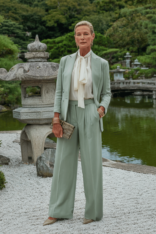 woman in her 50s wearing a sophisticated monochromatic sage green ensemble a long-sleeve structured blazer and matching wide-leg trousers in luxurious crepe fabric
