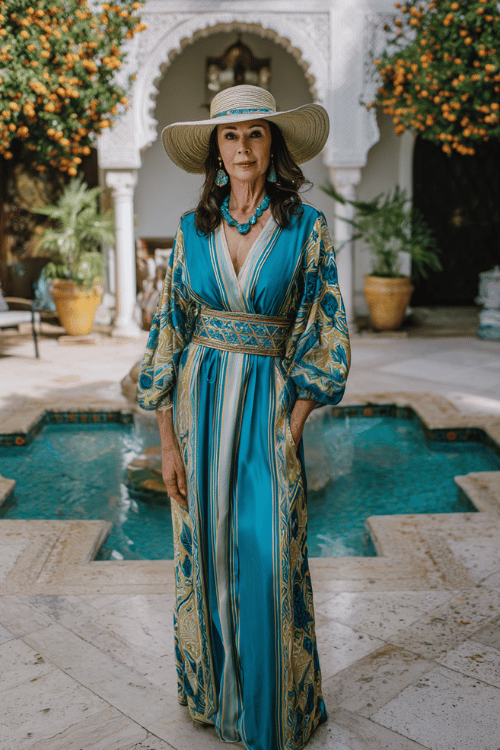 woman in her 50s wearing an exquisite long-sleeve maxi caftan dress in rich jewel-toned silk featuring hand-painted geometric patterns in cobalt blue, gold and ivory