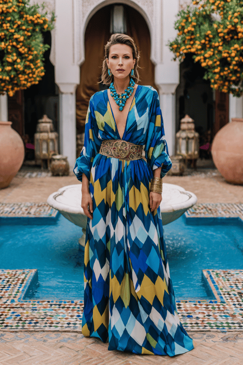 woman in her 50s wearing an exquisite long-sleeve maxi caftan dress in rich jewel-toned silk featuring hand-painted geometric patterns in cobalt blue, gold and ivory