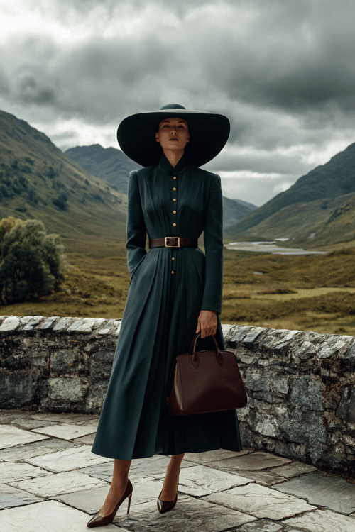 woman in her 50s wearing an exquisite long-sleeve structured coat dress in deep forest green with bold architectural pleating, oversized gold statement buttons and a dramatically belted waist