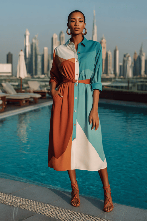 woman wearing a bold geometric color-blocked midi shirt dress in turquoise, white and terracotta with a modest buttoned neckline and elbow sleeves
